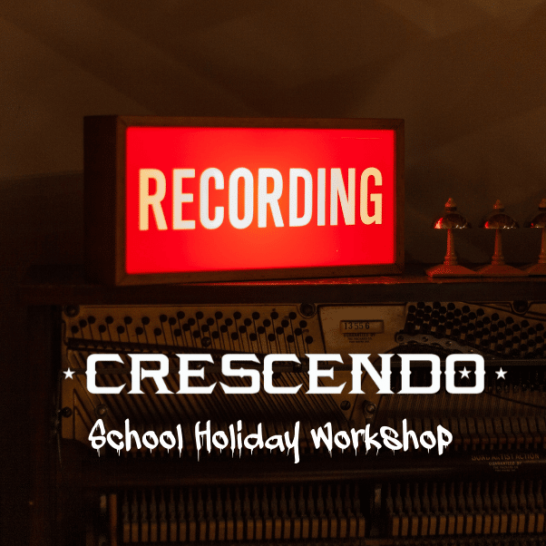 Image of Amplifier with Recording sign with text saying Crescendo school holiday workshops